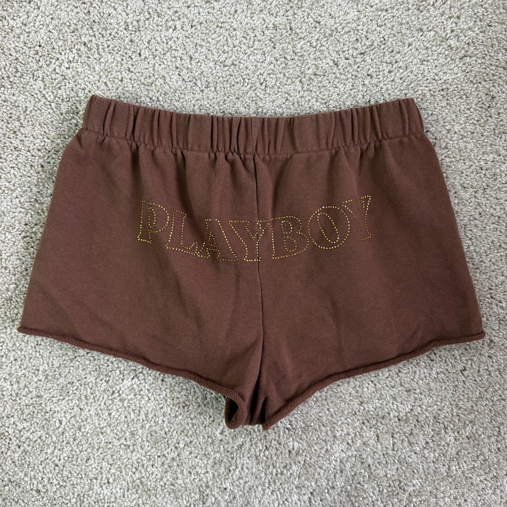 Playboy By PacSun Sweat Shorts Womens S Brown Fleece Elastic Waist Studded Logo